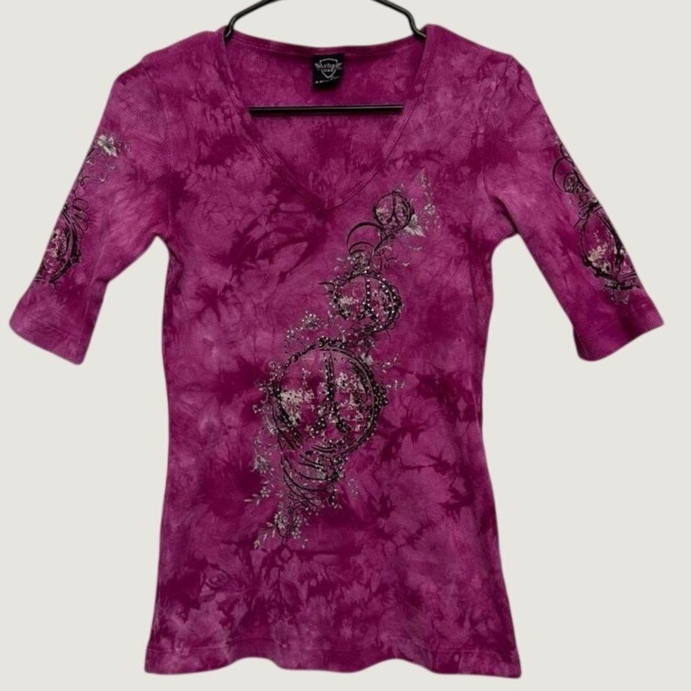 Sledge USA Women Magenta Tie Dye Peace Sign Graphic V-Neck Ribbed Top Large Y2K